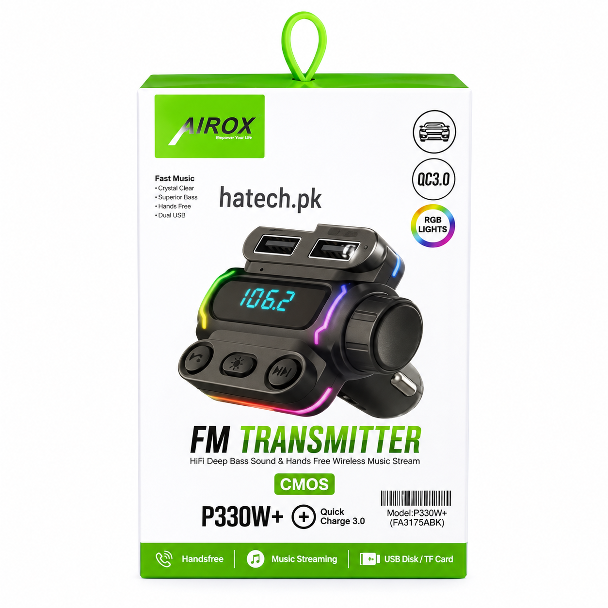 AIROX P330W+ Bluetooth FM Transmitter with QC3.0 Dual USB & RGB Lights